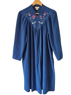 Vintage Vanity Fair Embroidered House Dress Sz L Blue Zip Front Lounge Robe